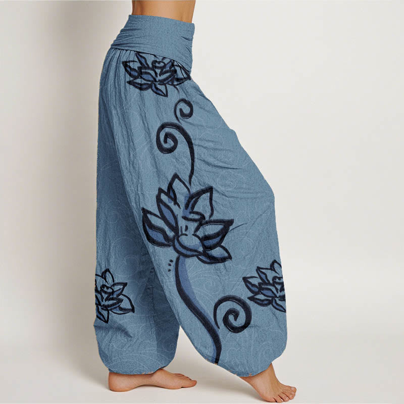 Nimara Ritual Cotton Casual Lotus Auspicious Clouds Design Women's Elastic Waist Harem Pants