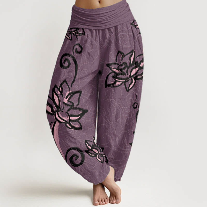 Nimara Ritual Cotton Casual Lotus Auspicious Clouds Design Women's Elastic Waist Harem Pants
