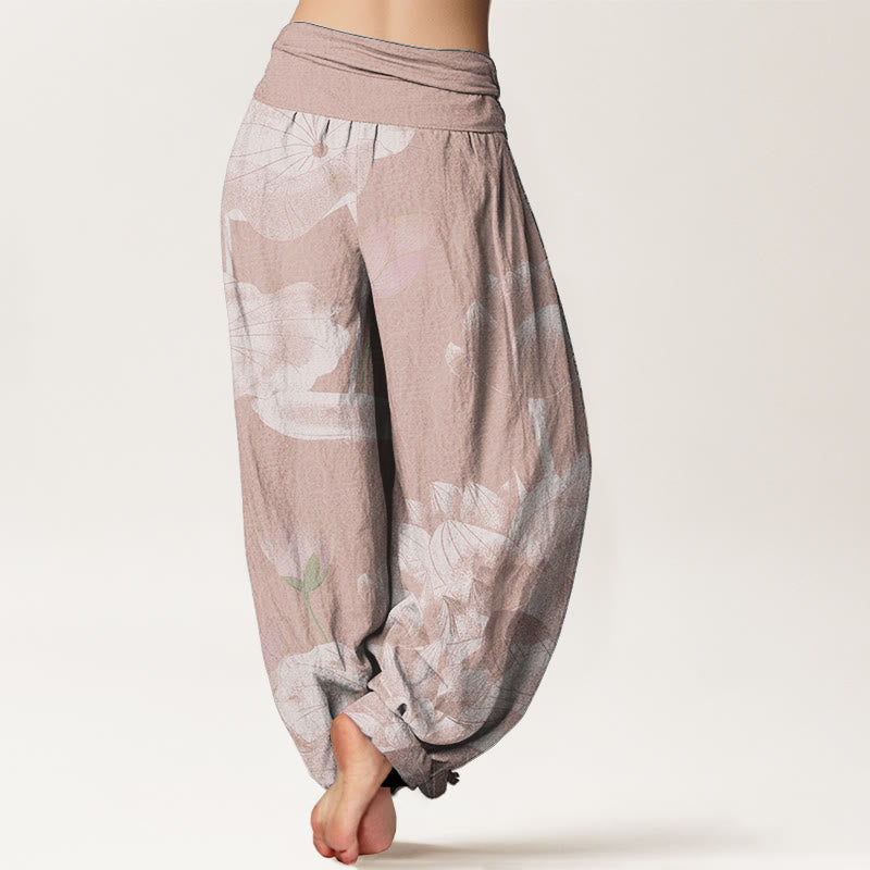 Nimara Ritual Cotton Pink And White Lotus Women's Elastic Waist Harem Pants