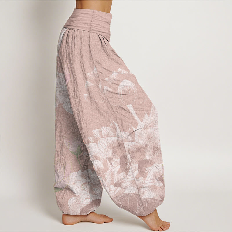 Nimara Ritual Cotton Pink And White Lotus Women's Elastic Waist Harem Pants