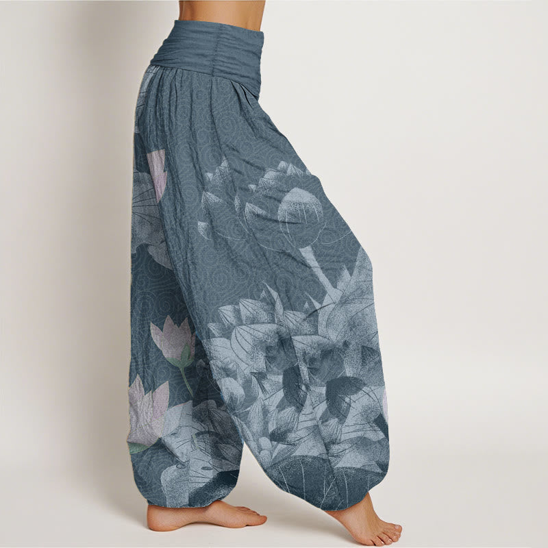 Nimara Ritual Cotton Pink And White Lotus Women's Elastic Waist Harem Pants