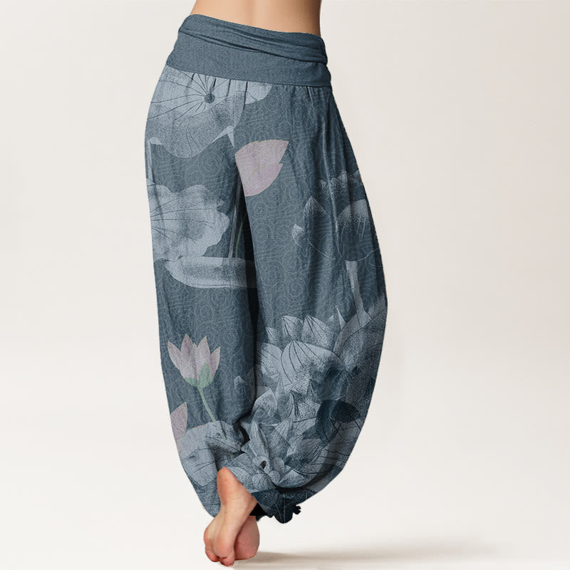 Nimara Ritual Cotton Pink And White Lotus Women's Elastic Waist Harem Pants