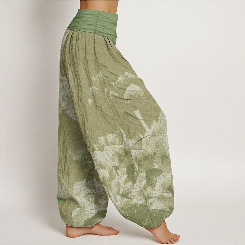 Nimara Ritual Cotton Pink And White Lotus Women's Elastic Waist Harem Pants
