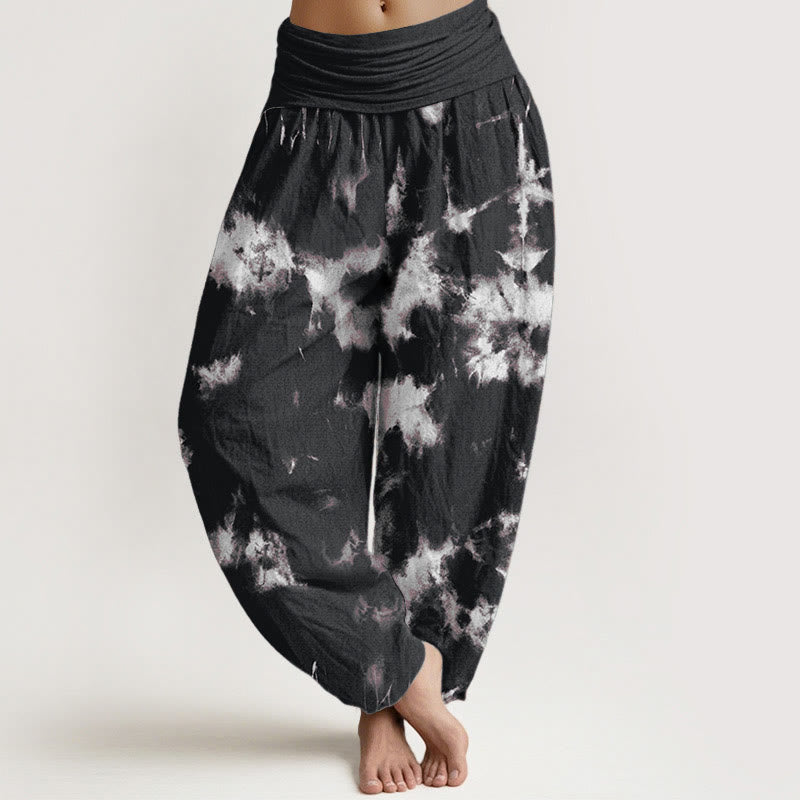 Nimara Ritual Cotton White Lines Spots Tie-Dye Pattern Women's Elastic Waist Harem Pants