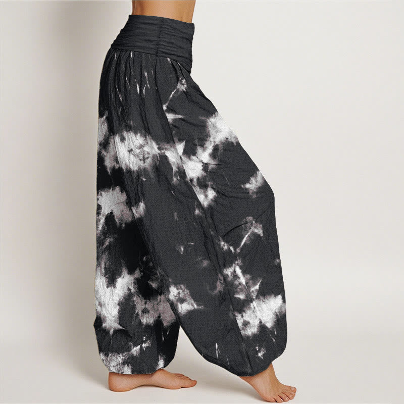Nimara Ritual Cotton White Lines Spots Tie-Dye Pattern Women's Elastic Waist Harem Pants
