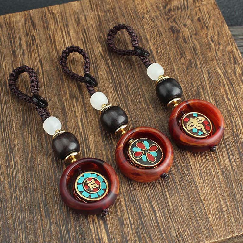 Nimara Ritual Ebony Wood Sanskrit Four-leaf Clover Buddha's Eye Peace Rotatable Key Chain