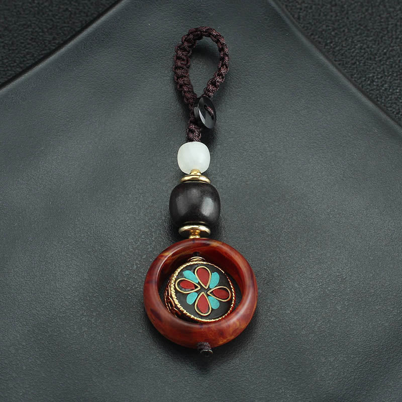 Nimara Ritual Ebony Wood Sanskrit Four-leaf Clover Buddha's Eye Peace Rotatable Key Chain