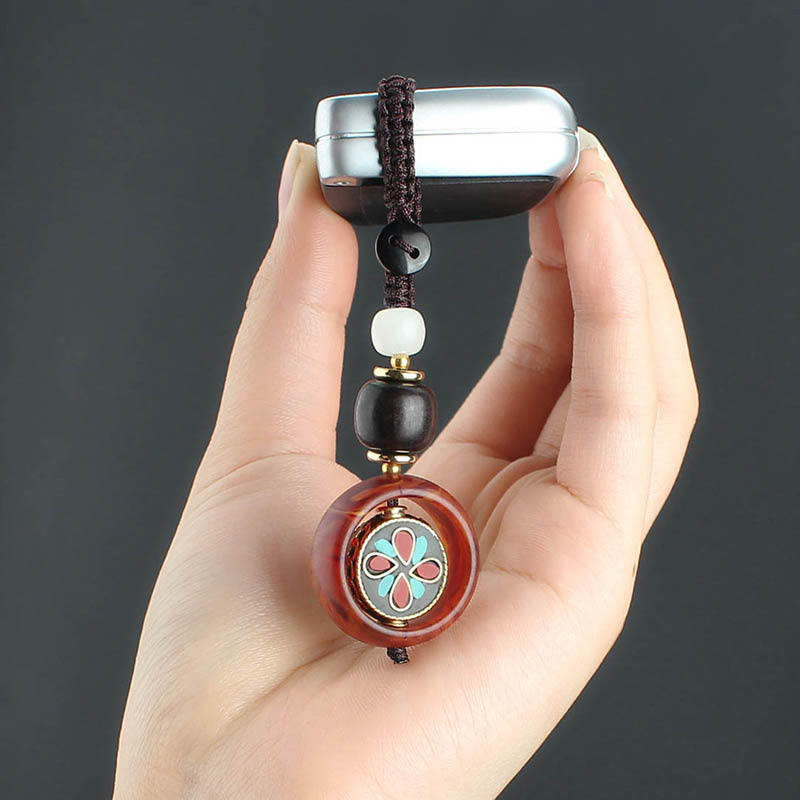 Nimara Ritual Ebony Wood Sanskrit Four-leaf Clover Buddha's Eye Peace Rotatable Key Chain