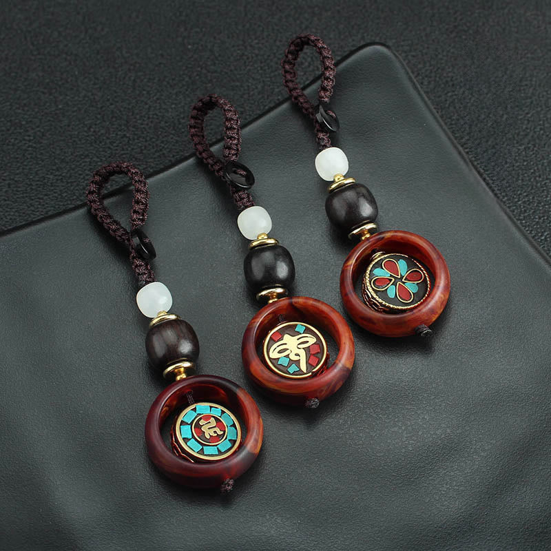 Nimara Ritual Ebony Wood Sanskrit Four-leaf Clover Buddha's Eye Peace Rotatable Key Chain
