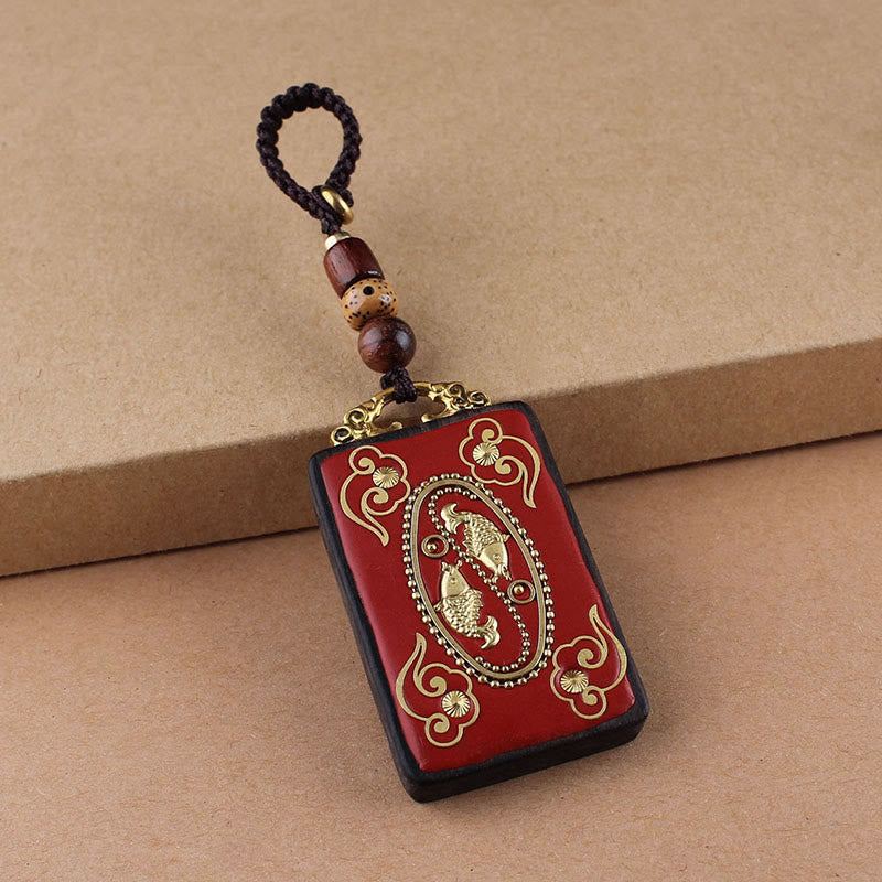 Nimara Ritual Ebony Flower Koi Fish Fu Character Button Rope Key Chain