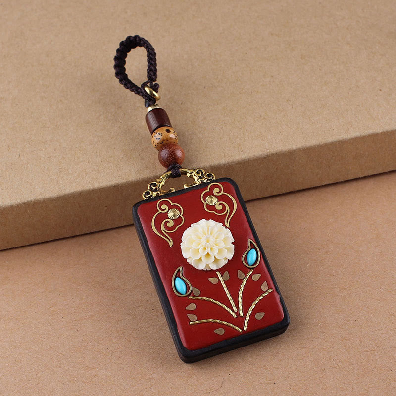 Nimara Ritual Ebony Flower Koi Fish Fu Character Button Rope Key Chain