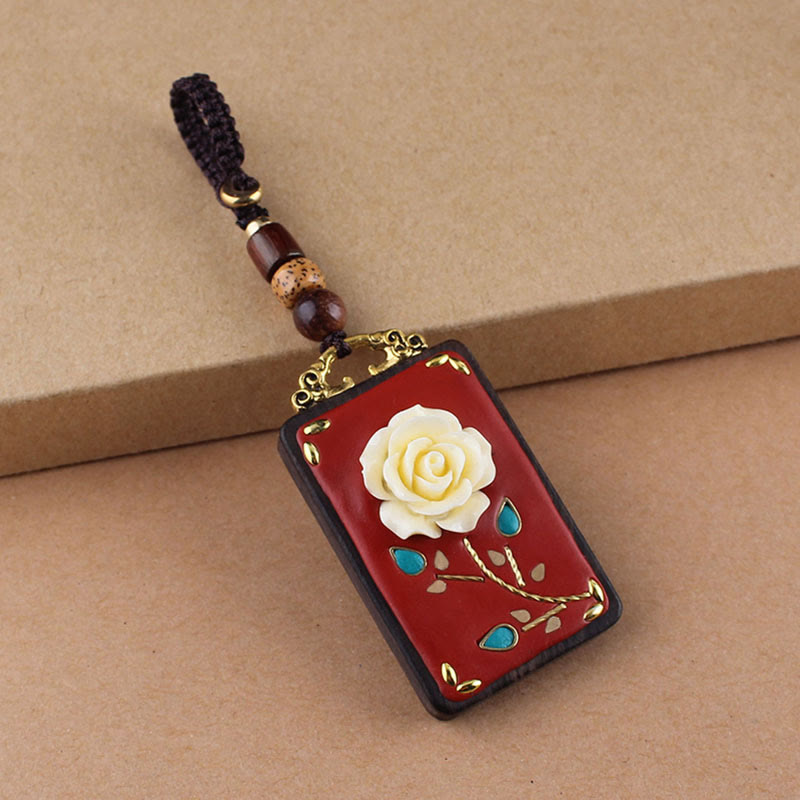 Nimara Ritual Ebony Flower Koi Fish Fu Character Button Rope Key Chain