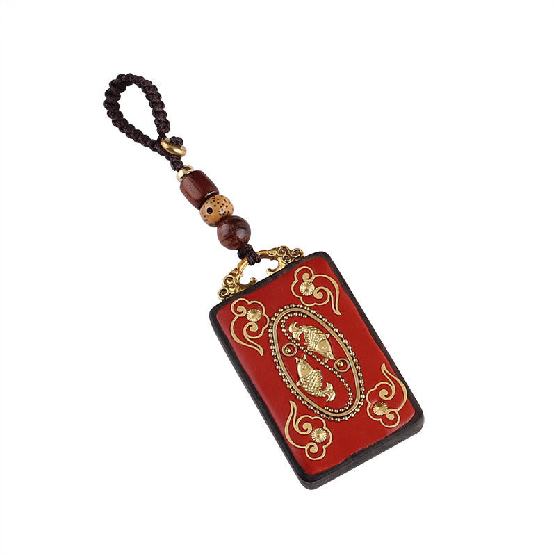 Nimara Ritual Ebony Flower Koi Fish Fu Character Button Rope Key Chain