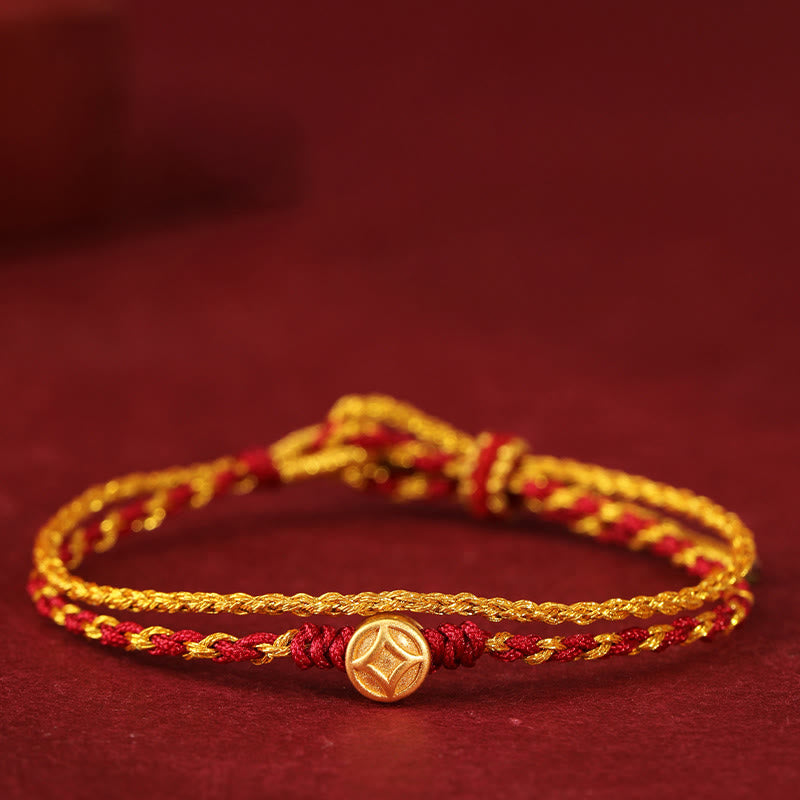 Nimara Ritual 999 Gold Beads Copper Coin Double Wrap Golden Red String Connection Braided Bracelet