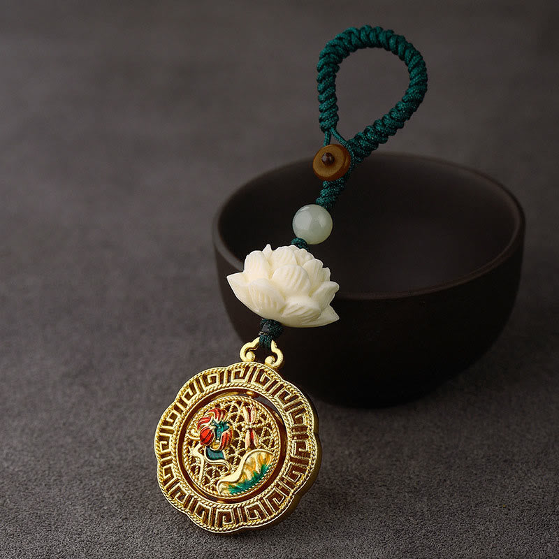 Nimara Ritual Bodhi Seed Lotus Hetian Jade Bead Copper Rotatable Peace Key Chain