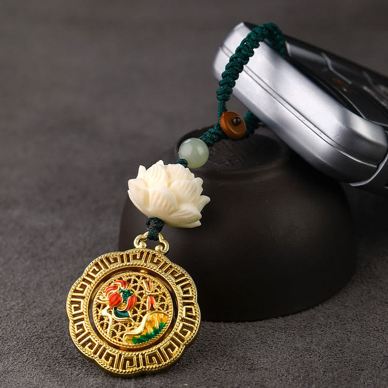 Nimara Ritual Bodhi Seed Lotus Hetian Jade Bead Copper Rotatable Peace Key Chain