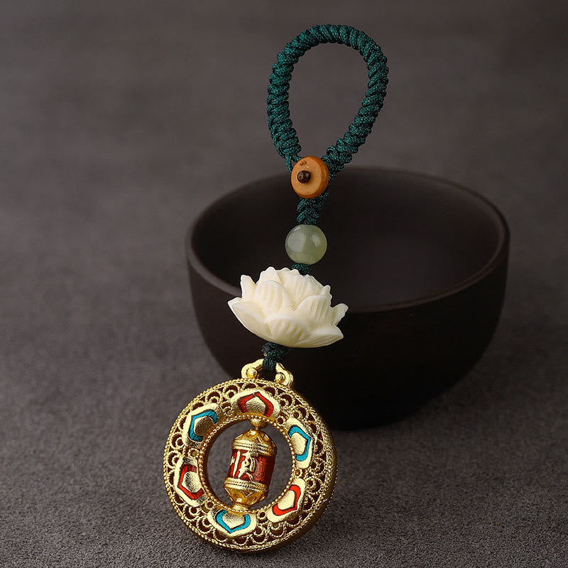 Nimara Ritual Bodhi Seed Lotus Hetian Jade Bead Copper Rotatable Peace Key Chain