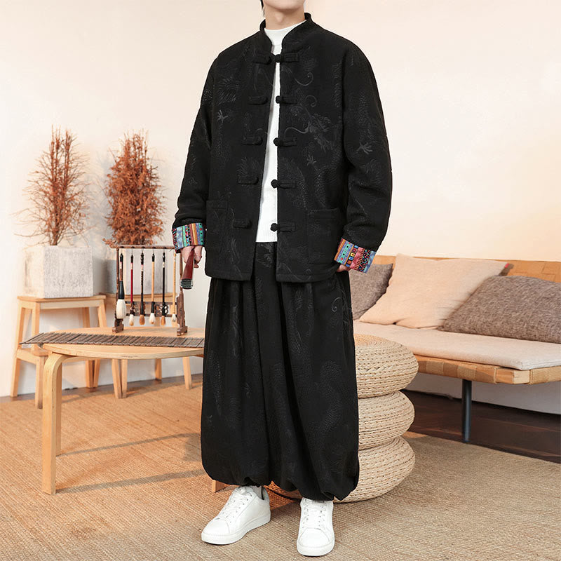Nimara Ritual 2Pcs Fall Winter Men's Tang Suit Dragon Frog-Button Cotton Long Sleeve Jacket Pants Set