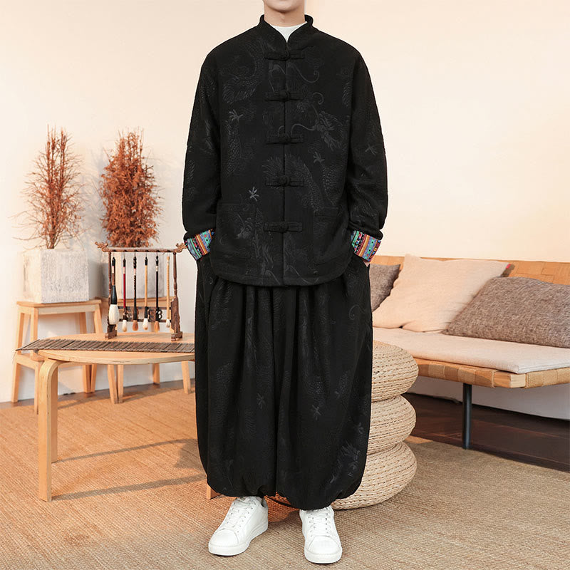 Nimara Ritual 2Pcs Fall Winter Men's Tang Suit Dragon Frog-Button Cotton Long Sleeve Jacket Pants Set