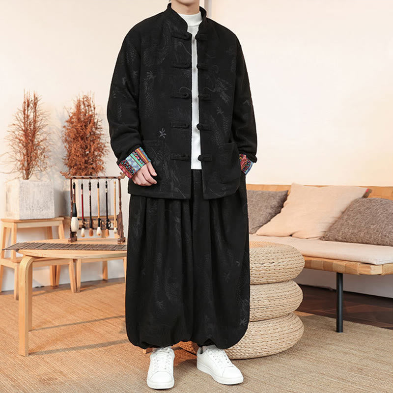 Nimara Ritual 2Pcs Fall Winter Men's Tang Suit Dragon Frog-Button Cotton Long Sleeve Jacket Pants Set