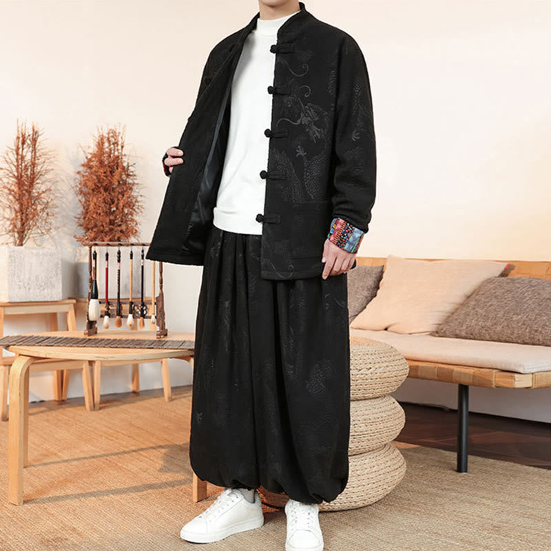 Nimara Ritual 2Pcs Fall Winter Men's Tang Suit Dragon Frog-Button Cotton Long Sleeve Jacket Pants Set