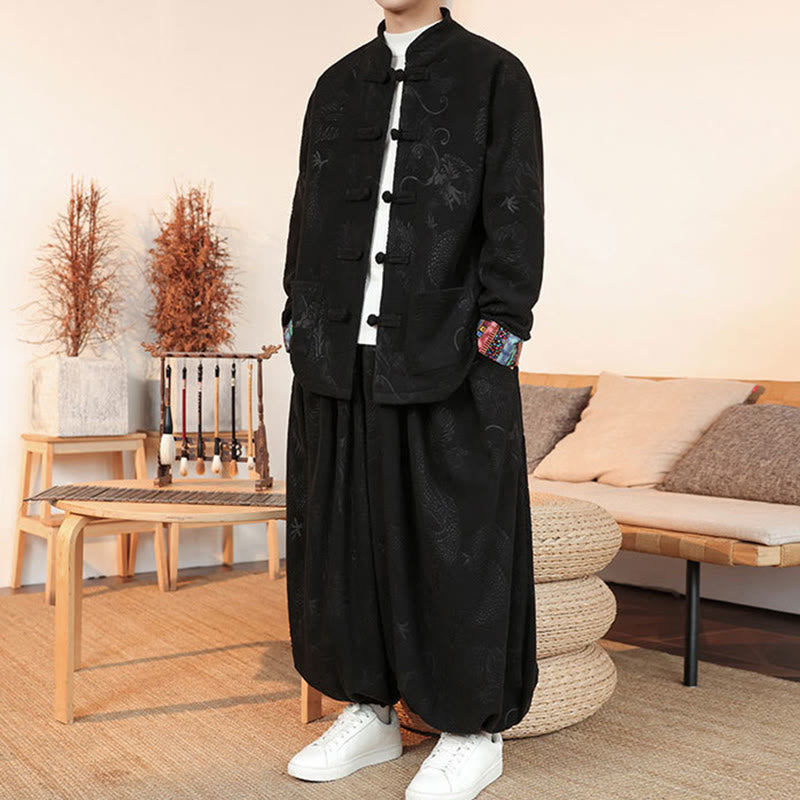 Nimara Ritual 2Pcs Fall Winter Men's Tang Suit Dragon Frog-Button Cotton Long Sleeve Jacket Pants Set