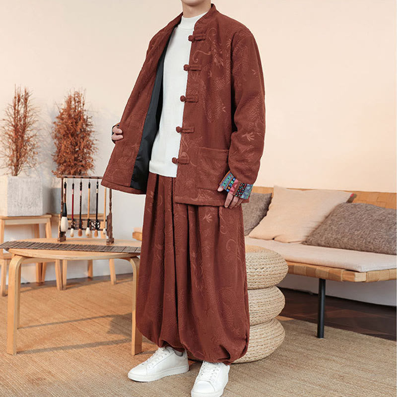Nimara Ritual 2Pcs Fall Winter Men's Tang Suit Dragon Frog-Button Cotton Long Sleeve Jacket Pants Set