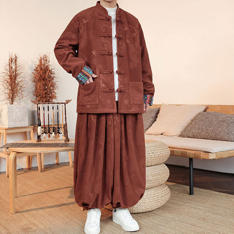 Nimara Ritual 2Pcs Fall Winter Men's Tang Suit Dragon Frog-Button Cotton Long Sleeve Jacket Pants Set