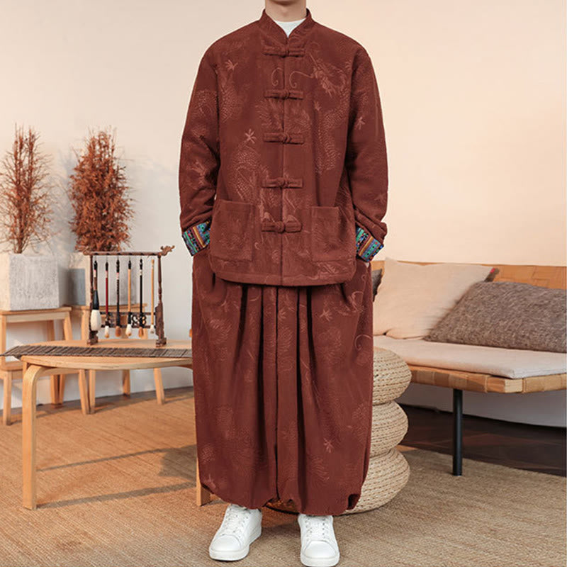 Nimara Ritual 2Pcs Fall Winter Men's Tang Suit Dragon Frog-Button Cotton Long Sleeve Jacket Pants Set