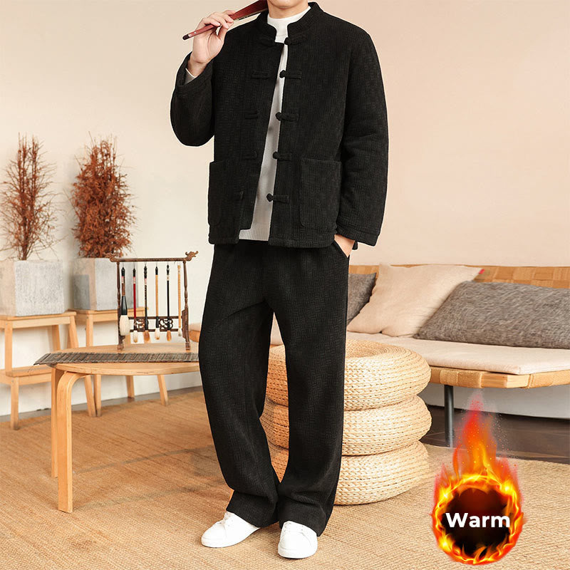 Nimara Ritual 2Pcs Winter Solid Men's Tang Suit Frog-Button Cotton Long Sleeve Jacket Pants Set With Pockets