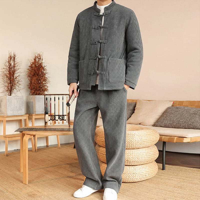 Nimara Ritual 2Pcs Winter Solid Men's Tang Suit Frog-Button Cotton Long Sleeve Jacket Pants Set With Pockets
