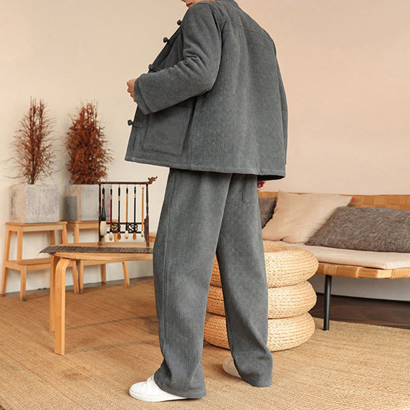 Nimara Ritual 2Pcs Winter Solid Men's Tang Suit Frog-Button Cotton Long Sleeve Jacket Pants Set With Pockets