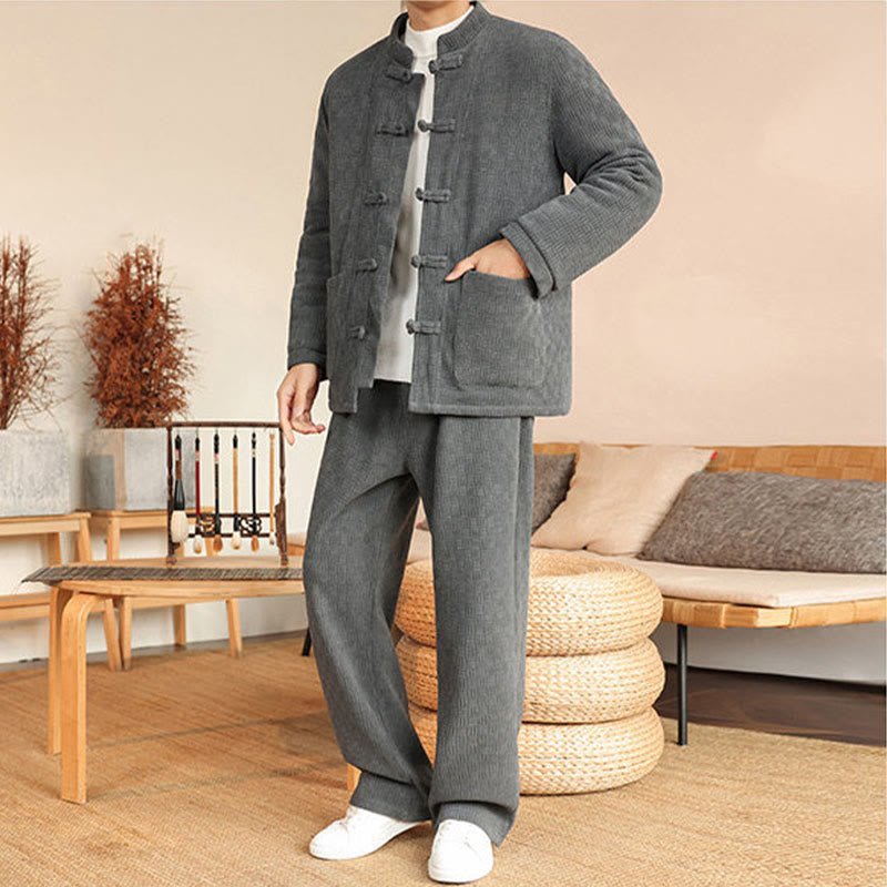 Nimara Ritual 2Pcs Winter Solid Men's Tang Suit Frog-Button Cotton Long Sleeve Jacket Pants Set With Pockets