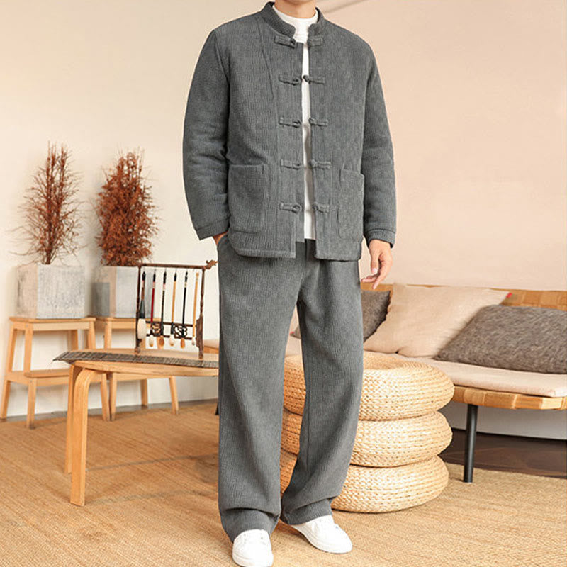 Nimara Ritual 2Pcs Winter Solid Men's Tang Suit Frog-Button Cotton Long Sleeve Jacket Pants Set With Pockets