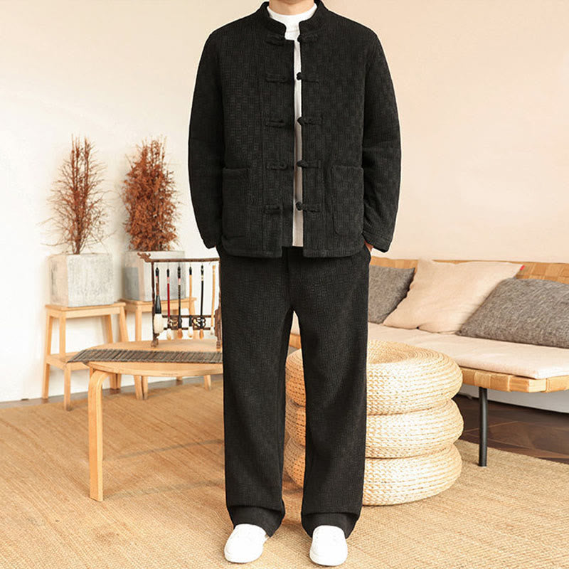 Nimara Ritual 2Pcs Winter Solid Men's Tang Suit Frog-Button Cotton Long Sleeve Jacket Pants Set With Pockets