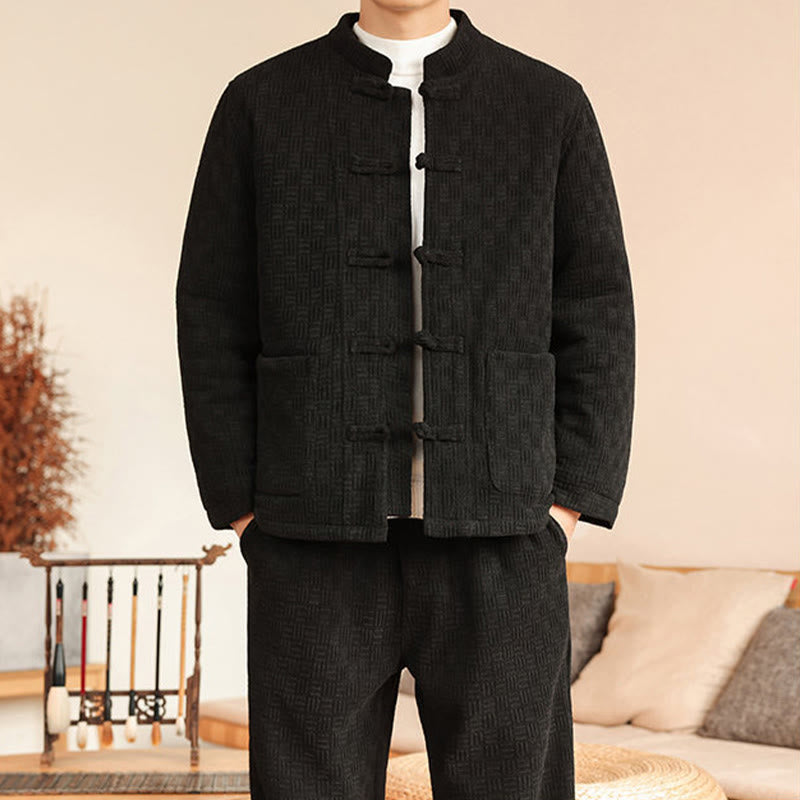 Nimara Ritual 2Pcs Winter Solid Men's Tang Suit Frog-Button Cotton Long Sleeve Jacket Pants Set With Pockets