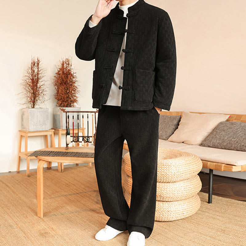 Nimara Ritual 2Pcs Winter Solid Men's Tang Suit Frog-Button Cotton Long Sleeve Jacket Pants Set With Pockets