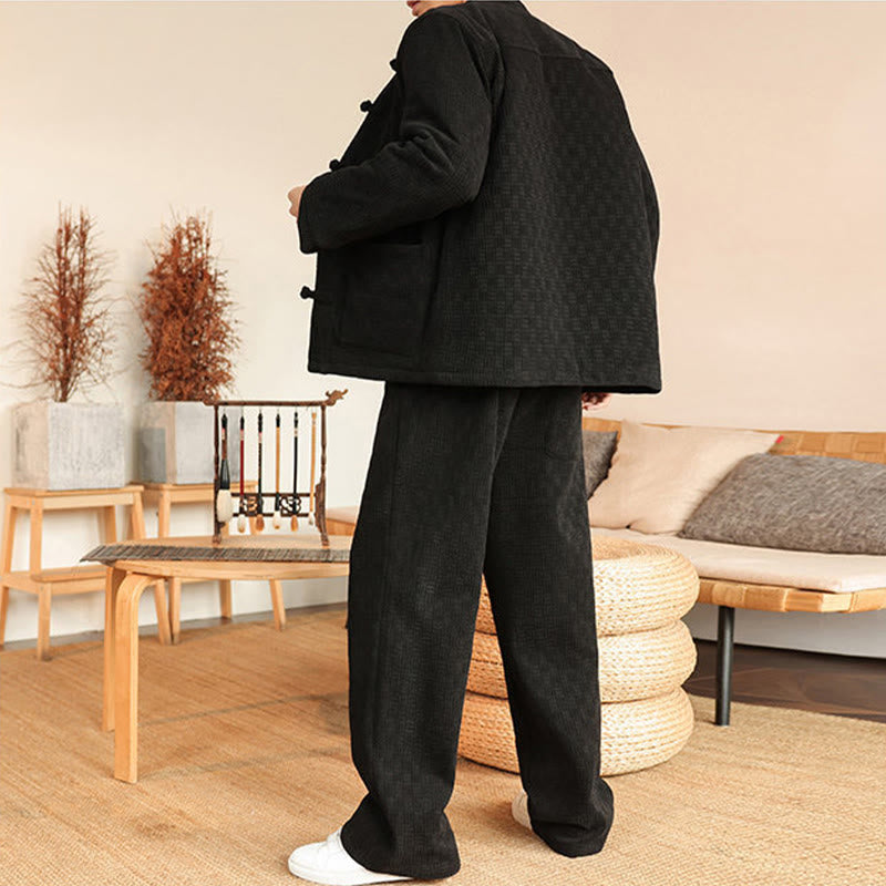 Nimara Ritual 2Pcs Winter Solid Men's Tang Suit Frog-Button Cotton Long Sleeve Jacket Pants Set With Pockets