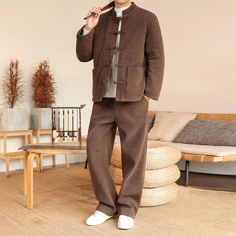 Nimara Ritual 2Pcs Winter Solid Men's Tang Suit Frog-Button Cotton Long Sleeve Jacket Pants Set With Pockets
