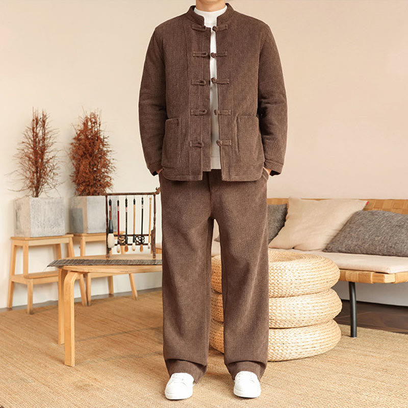 Nimara Ritual 2Pcs Winter Solid Men's Tang Suit Frog-Button Cotton Long Sleeve Jacket Pants Set With Pockets