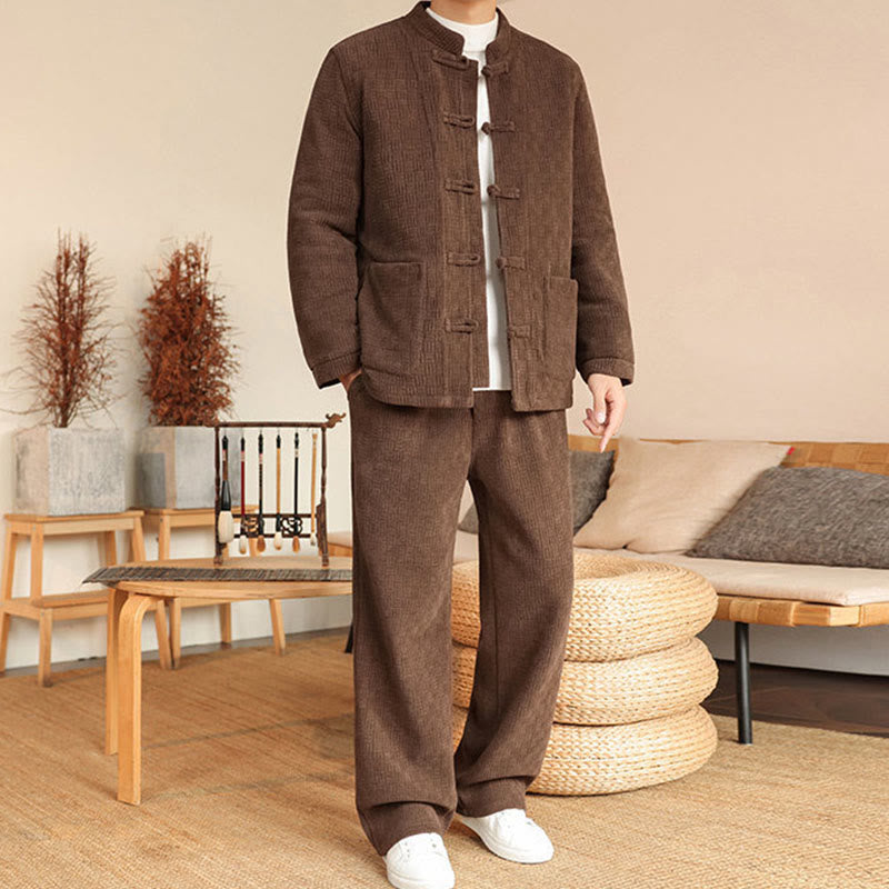Nimara Ritual 2Pcs Winter Solid Men's Tang Suit Frog-Button Cotton Long Sleeve Jacket Pants Set With Pockets