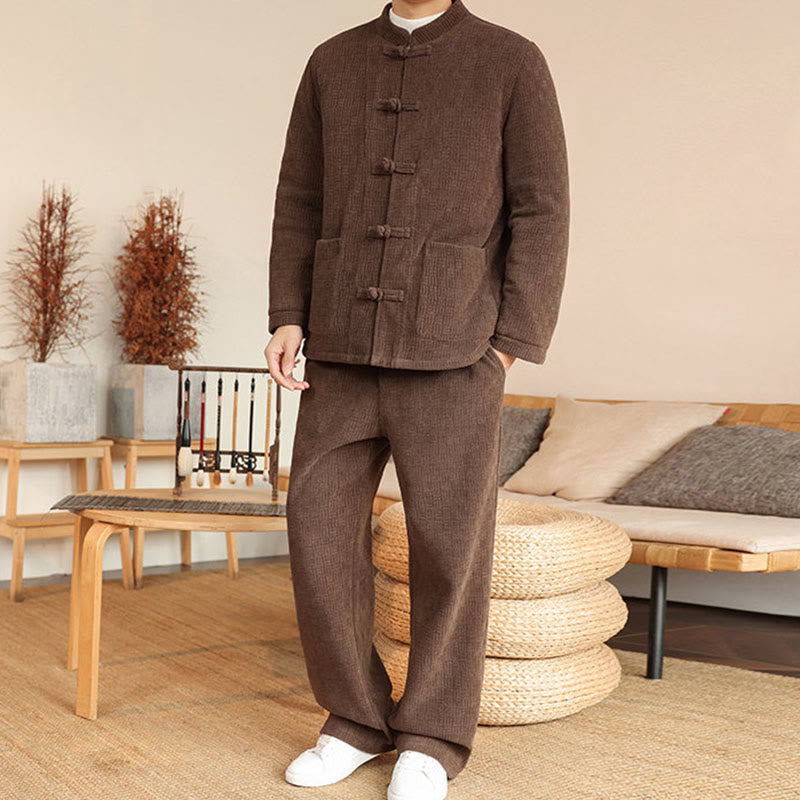 Nimara Ritual 2Pcs Winter Solid Men's Tang Suit Frog-Button Cotton Long Sleeve Jacket Pants Set With Pockets