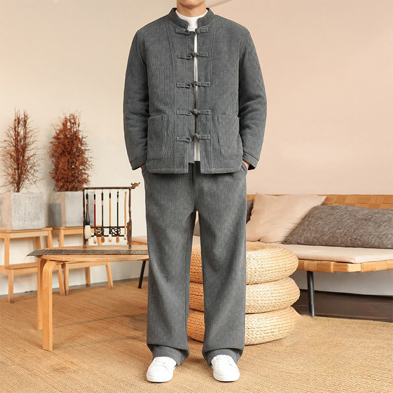 Nimara Ritual 2Pcs Winter Solid Men's Tang Suit Frog-Button Cotton Long Sleeve Jacket Pants Set With Pockets