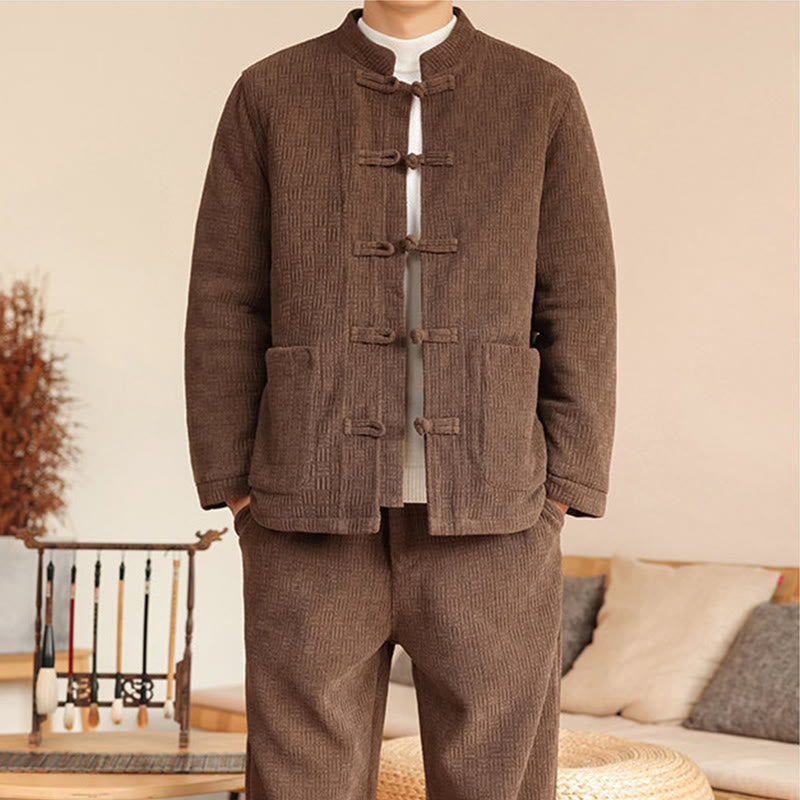 Nimara Ritual 2Pcs Winter Solid Men's Tang Suit Frog-Button Cotton Long Sleeve Jacket Pants Set With Pockets