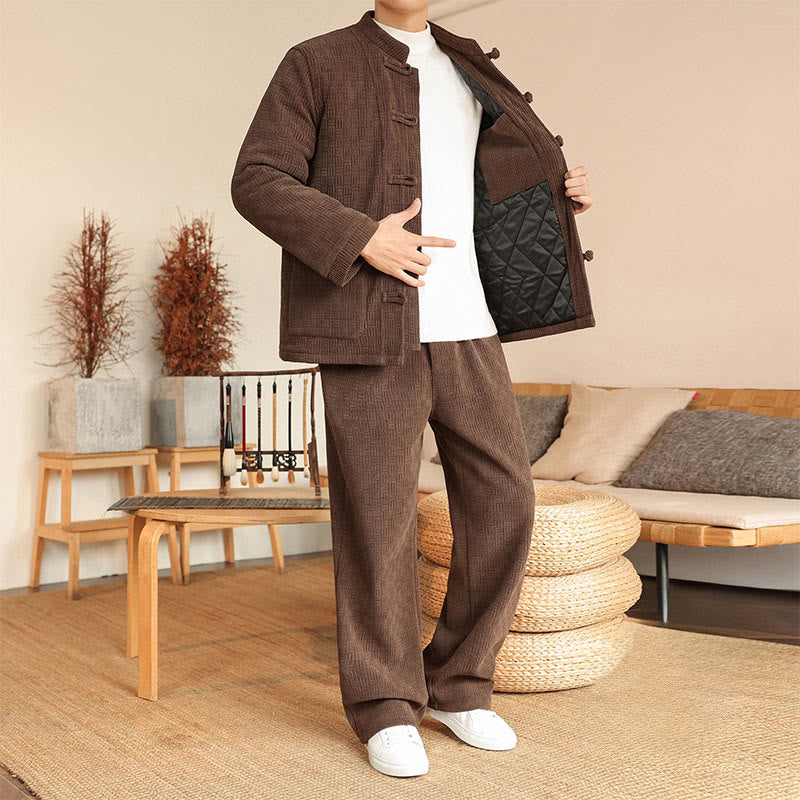 Nimara Ritual 2Pcs Winter Solid Men's Tang Suit Frog-Button Cotton Long Sleeve Jacket Pants Set With Pockets