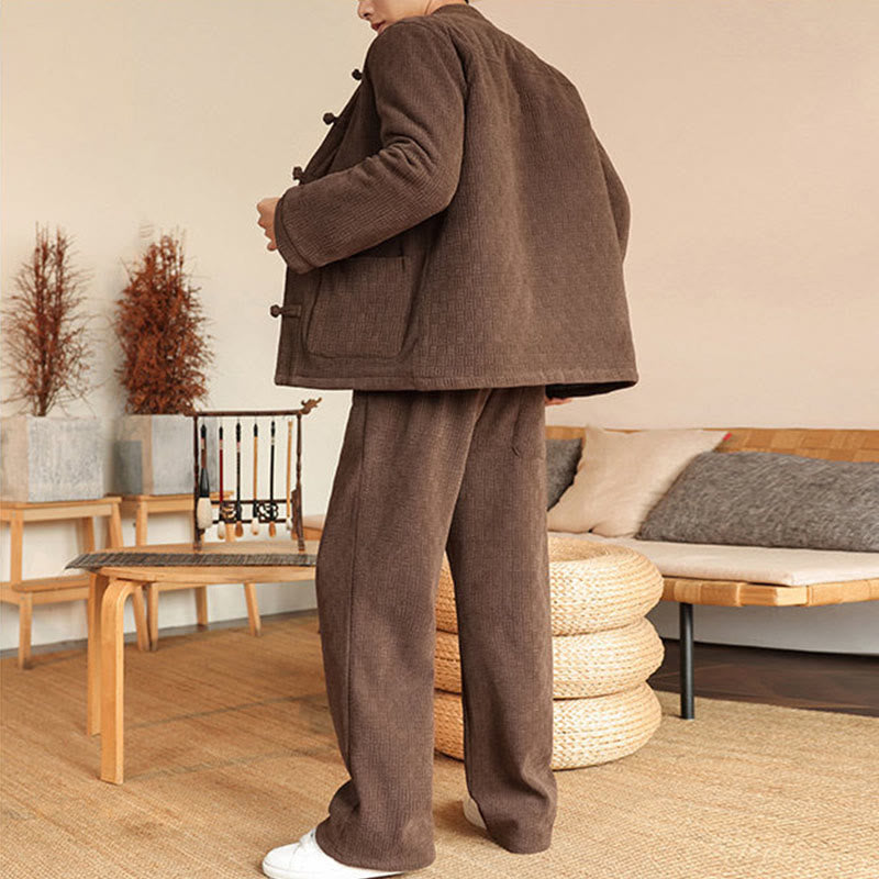 Nimara Ritual 2Pcs Winter Solid Men's Tang Suit Frog-Button Cotton Long Sleeve Jacket Pants Set With Pockets