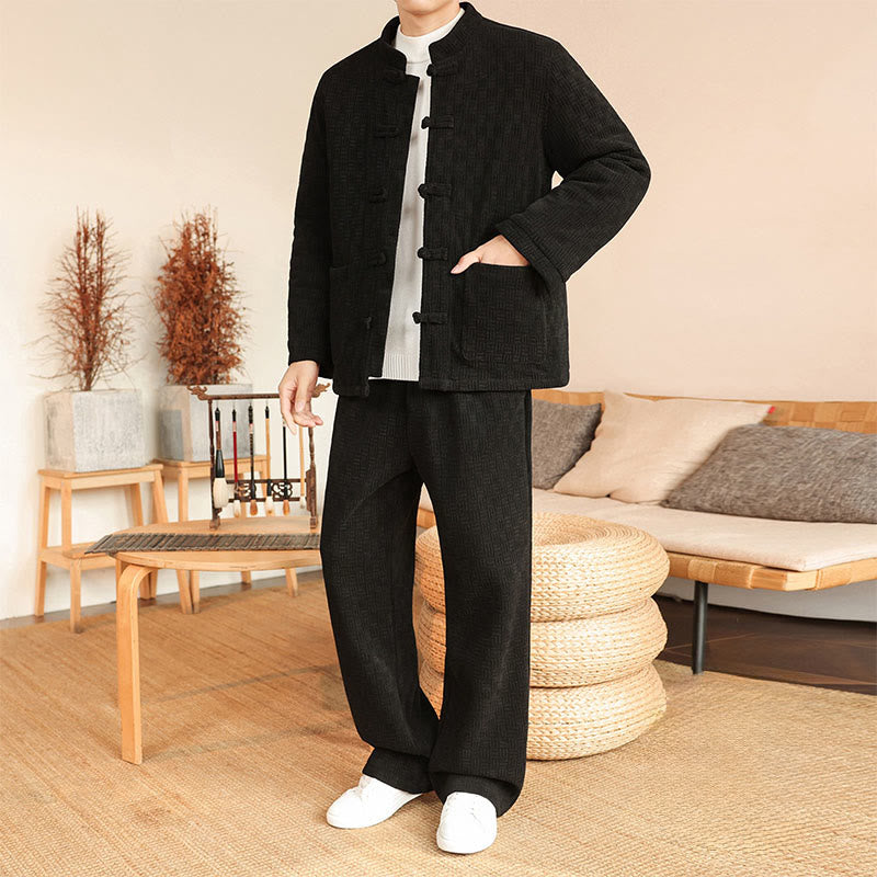 Nimara Ritual 2Pcs Winter Solid Men's Tang Suit Frog-Button Cotton Long Sleeve Jacket Pants Set With Pockets