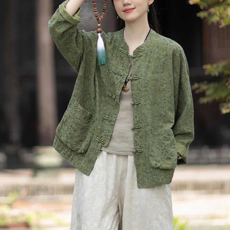 Nimara Ritual Fall Jacquard Women's Frog-Button Long Sleeve Shirt Pants Cotton Linen Clothing