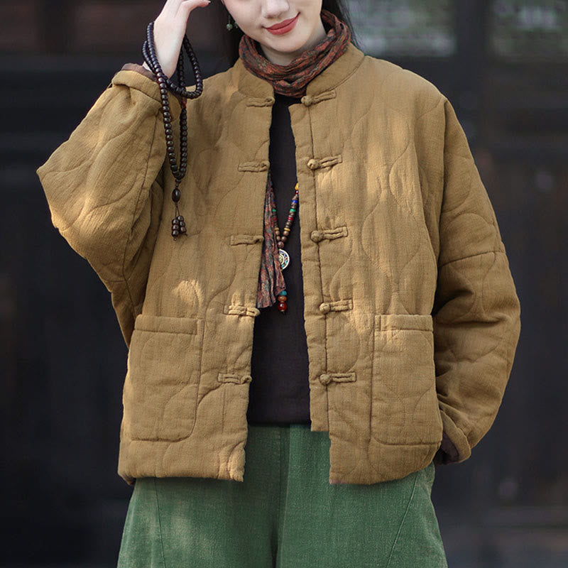 Nimara Ritual Winter Curved Lines Frog-Button Ramie Cotton Long Sleeve Women's Thermal Jacket With Pockets
