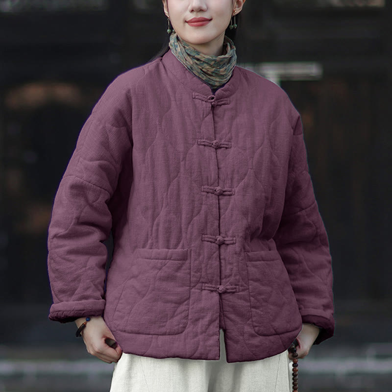 Nimara Ritual Winter Curved Lines Frog-Button Ramie Cotton Long Sleeve Women's Thermal Jacket With Pockets